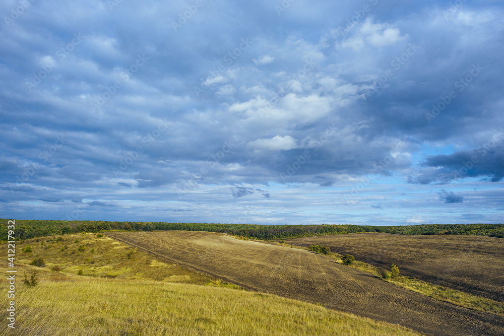 Field after harvesting, blck earth. The soil processed by a disk harrow. Cultivated land prepared for sowing. Hilly landscape with dramatic sky, field forest.