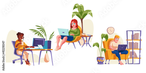 People work at home office, sitting in chair with laptop. Concept of comfortable workplace for freelance, remote job, distant study. Vector cartoon freelancers isolated on white background
