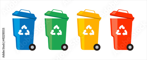 Green, yellow, red, blue Trash Bins. Sorting garbage. Nature conservancy. Vector illustration