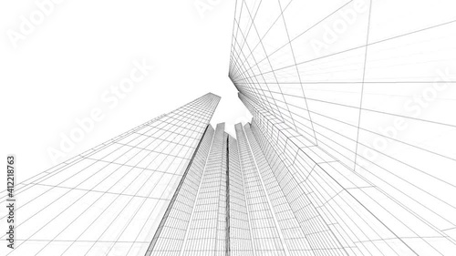 Architecture building construction. Linear 3D view. Concept sketch background.