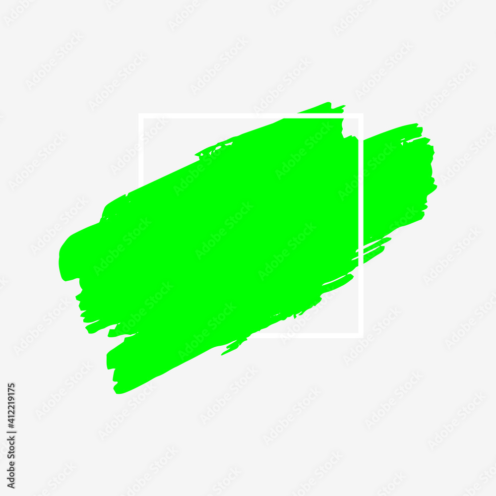 Obraz premium Art abstract green brush paint texture design acrylic stroke over white square frame vector illustration. Logo brush painted watercolor background. Perfect For Logo, Sale banner, Icon, headline.