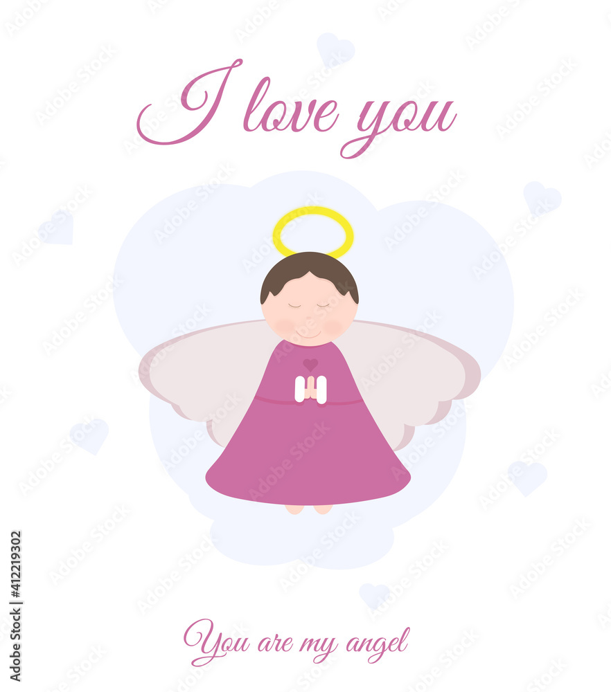 Happy Valentine day card with cute baby angel. Greetings.   You are my angel. Vector illustration in cartoon style.