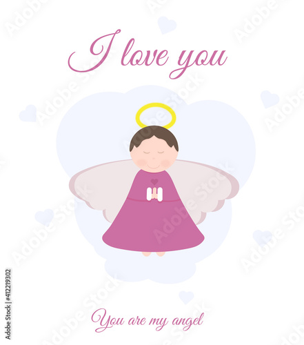 Happy Valentine day card with cute baby angel. Greetings.   You are my angel. Vector illustration in cartoon style.