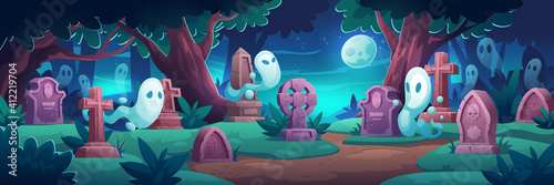 Cemetery with ghosts at night, old graveyard with tombstones in midnight forest with cracked crosses and monuments, grave tombs and spooky spirits Halloween background. Cartoon vector illustration