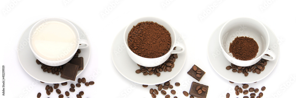 Three coffee cups with powder, seeds of Arabica, cocoa, plant milk and chocolate. Renders on white background. Art composition for kitchen interiors. Graphic for walls and glass. Three coffee cups with powder, seeds of Arabica, cocoa, plant milk and chocolate. Renders on white background. Art composition for kitchen interiors. Graphic for walls and glass.