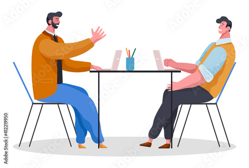 Two business men sitting at office desk talking brainstorming, meeting or interview concept flat vector illustration. Colleagues working with laptop, typing, communicating. Emotional conversation