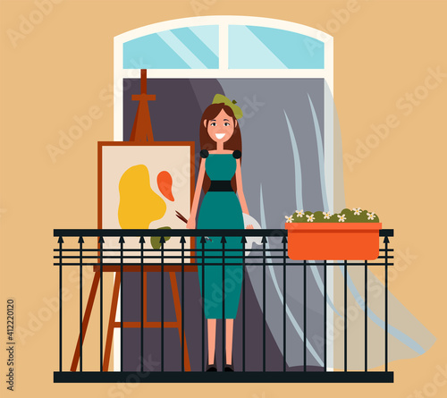A girl paints a picture standing on the balcony. Female character painter at home doing hobby. Young woman writes a landscape or abstraction. reative character daily life routine, relaxing time
