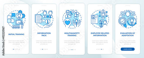 Initial training and basic information onboarding mobile app page screen with concepts. Health and safety walkthrough 5 steps graphic instructions. UI vector template with RGB color illustrations