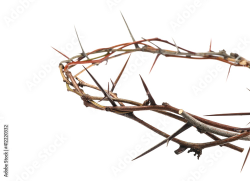 Crown of thorns isolated on white, closeup. Easter attribute