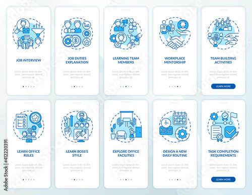Workplace of mentorship onboarding mobile app page screen with concepts set. Learning team members walkthrough ten steps graphic instructions. UI vector template with RGB color illustrations