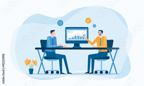 Business Financial advisor working and Business investment planning on monitor report graph. two business team meeting for analysis marketing chart concept. Flat Vector illustration design. photo