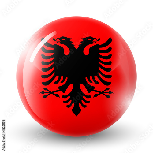 Glass light ball with flag of Albania. Round sphere, template icon. Albanian national symbol. Glossy realistic ball, 3D abstract vector illustration highlighted on a white background. Big bubble