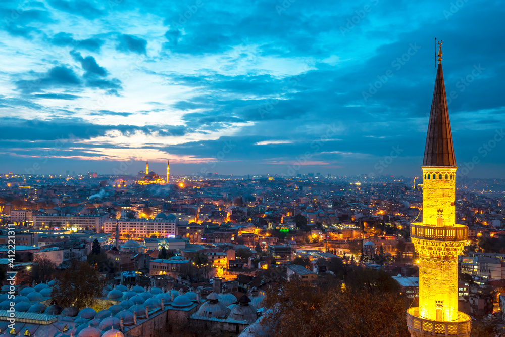 Fatih Mosque night view from Suleymaniye Mosque in Istanbul