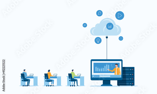 business technology storage cloud computing service concept with administrator and developer team working on cloud. business people working online connecting with cloud from anywhere concept. Flat vec