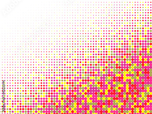 Colorful halftone dots. Rainbow geometric gradient for pop art designs. Geometric vintage monochrome fade wallpaper. Pop art print. Dotted geometric retro pattern. Comic halftone background.