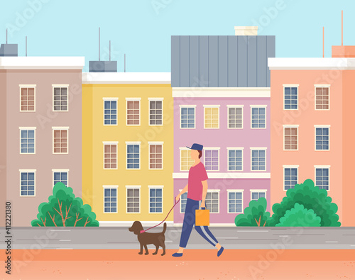 A guy with a dog is walking on the street. A man with a pet spends time outdoors vector illustration. The owner walks with the animal on a leash in open area against the background of urban buildings