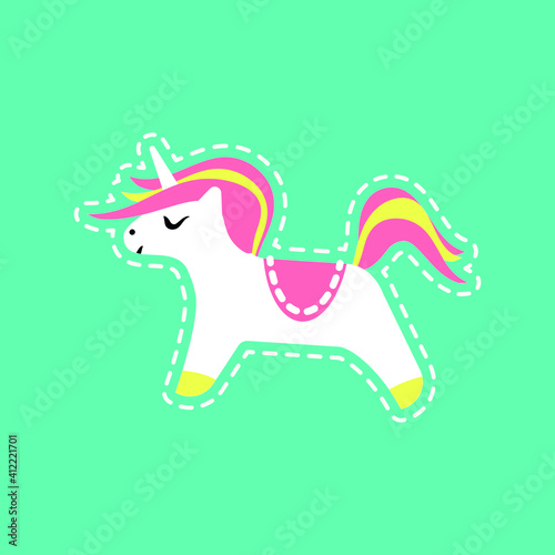 Unicorn on green background, print on postcard, bag, backpack, t-shirt, clothing, hoodie, stationery, illustration web, sticker.