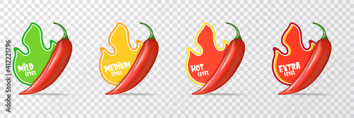 Spicy hot red chili pepper icons set with flame and rating of spicy. Vector spicy food level sticker collection, mild, medium hot and extra hot level of pepper sauce or snack food