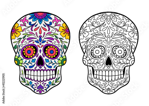 Hand drawn mexican sugar skull with flowers pattern.