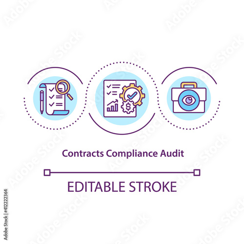 Contract compliance audit concept icon. Contracts and terms review idea thin line illustration. Ensuring contractual obligations. Vector isolated outline RGB color drawing. Editable stroke