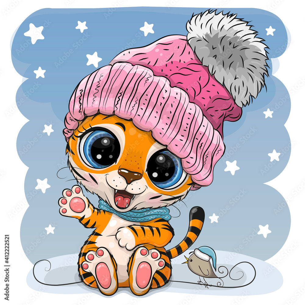 Cartoon Tiger in a pink hat on a blue background Stock Vector | Adobe Stock