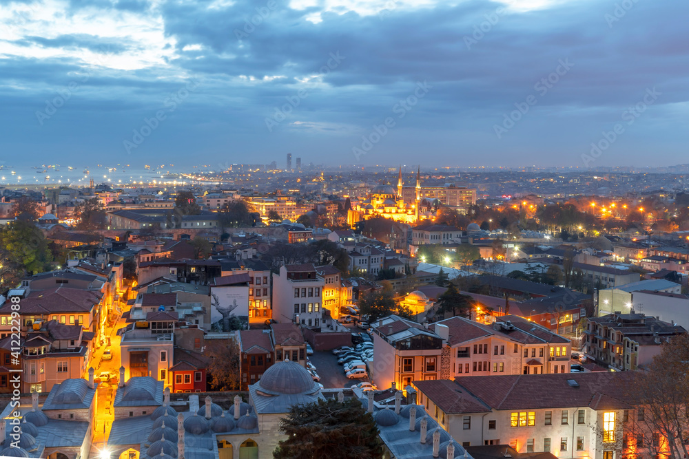 Sehzade Mosque and Istanbul Metropolitan Municipality night view from Suleymaniye Mosque in Istanbul