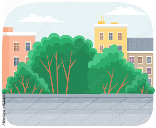 Spring or summer season cartoon city landscape with green high trees, road, cloudy sky. Lovely urban nature vector illustration. Green empty city park with a pedestrian sidewalk, blue sky background