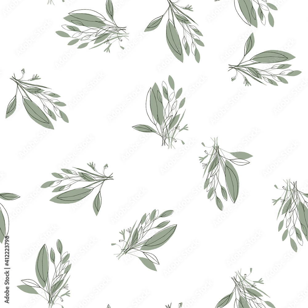 Fototapeta premium Hand drawn elements brances in natural summer seamless pattern. Fresh garden vector illustration. Abstract green leave or foliage on white background.