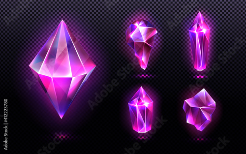 Magic crystal light, gem stones of purple or pink colors, faceted and rough glowing rocks, isolated crystalline mineral. Jewelry precious or semiprecious gemstones, Realistic 3d vector icons set photo