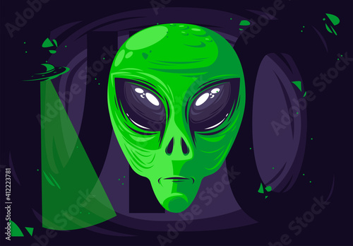 Vector illustration of a detailed head of an alien green creature with large eyes, a ufo