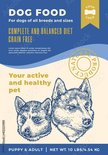 Dog Food Label Template. Abstract Vector Packaging Design Layout. Modern Typography Banner with Hand Drawn Husky Puppy and Adult Sketch Faces Background. Isolated