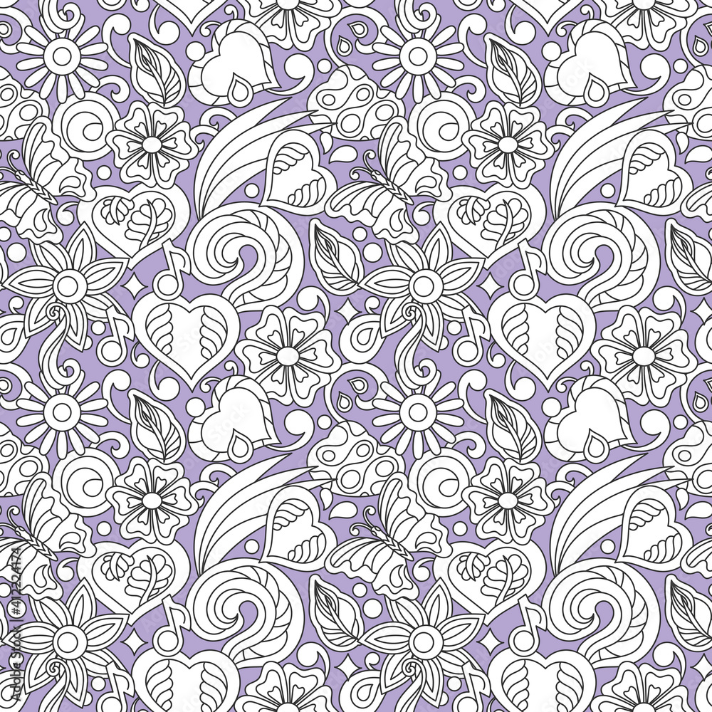 Cute hand-drawn seamless holiday pattern . Background with hearts, flowers and lots of doodle elements. Cute hand-drawn seamless holiday pattern . Background with hearts, flowers and lots of doodle elements.