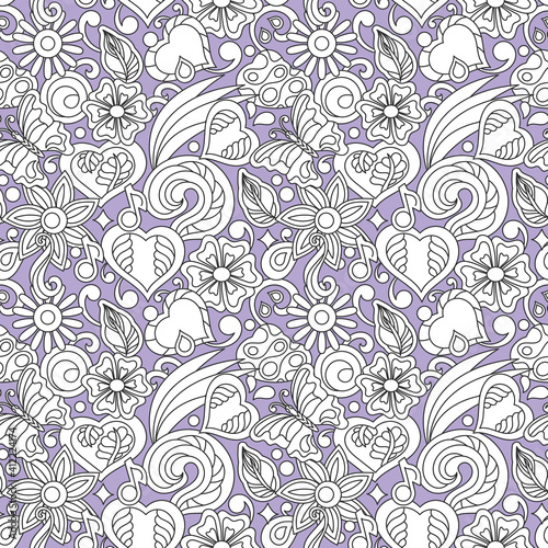 Cute hand-drawn seamless holiday pattern . Background with hearts, flowers and lots of doodle elements.