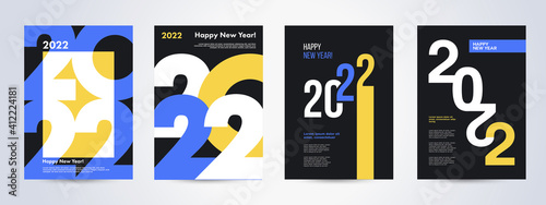 Creative concept of 2022 Happy New Year posters set. Design templates with typography logo 2022 for celebration and season decoration. Minimalistic trendy backgrounds for branding, banner, cover, card