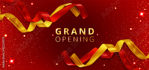 Grand opening event poster with cut red and golden ribbons. Vector banner of luxury launch ceremony with gold text, confetti, sparkles and shiny tapes on red background. Celebration party flyer