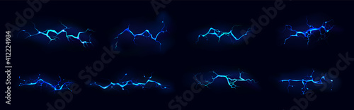 Fotografia Lightning, electric thunderbolt strike of blue color during night storm, impact, crack, magical energy flash