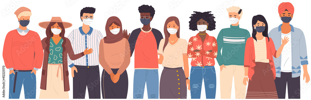 Group of people wearing medical masks. Cartoon characters pose for a photo and waving their hands, vector illustration isolated on white background. Self-isolation during coronavirus pandemic