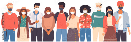 Group of people wearing medical masks. Cartoon characters pose for a photo and waving their hands, vector illustration isolated on white background. Self-isolation during coronavirus pandemic