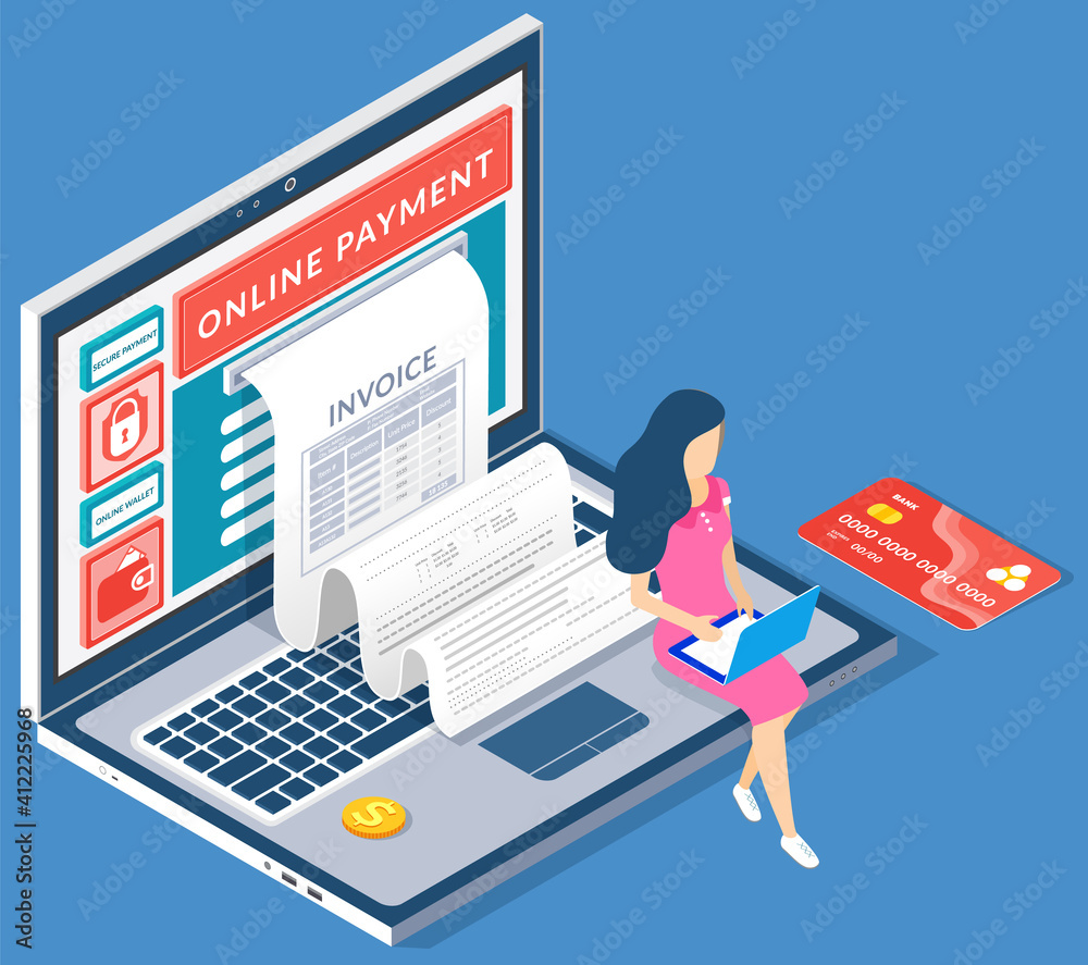 Concept of electronic bill and online bank, laptop with check tape. Payment  by means of the payments electronic online. Payment plastic card, tiny  woman payer buys goods online, receives an invoice Stock-Vektorgrafik |