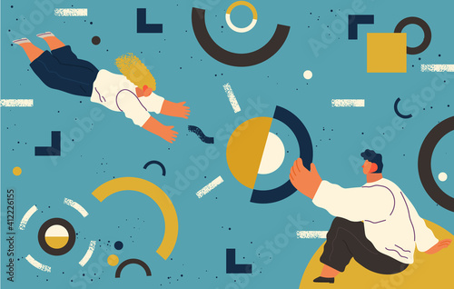 People flying in abstract imaginary space organizing geometric shapes. Group of young men collecting figures. Teamwork and team building organization concept. Coworking and business partnership
