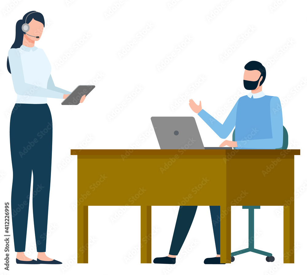 International business and teamwork, office workers busiessman and businesswoman with laptop and tablet vector. Cooperation and brainstorming, computer