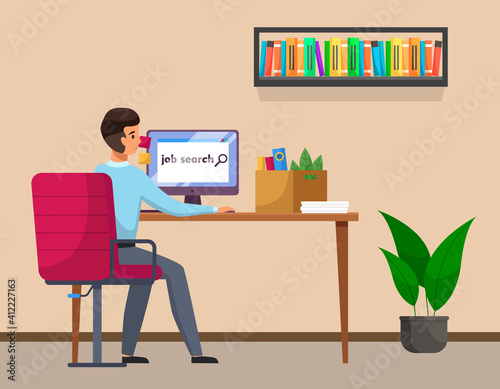 Job search candidate concept. Character young man using computer searching for job in internet. Recruitment agency hiring technology, human resources. Guy sits at a table works with laptop back view