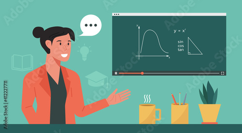 online education or e-learning, home school, woman teacher teaching via screen, distance learning, online course concept, vector flat illustration