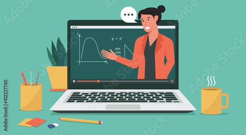 online education or e-laerning, home school, woman teacher teaching via computer laptop screen, distance learning, online course concept, vector flat illustration