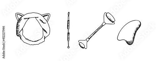 
Set of hand drawn Korean beauty accessories. Headband, cosmetic uno spoon, face massagers - gua sha stone and roller. Vector black and white illustration isolated on white background. K-beauty routin