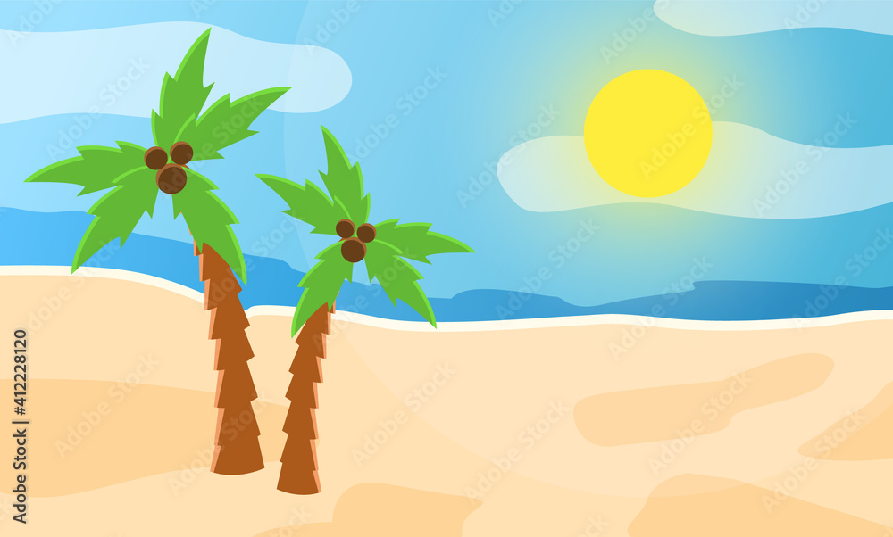 Sunrise on the seashore. Abstract view of the sandy beach with a palm tree, tropical resort vector illustration. Tropical beach with coconut trees on a hot sunny day. Exotic seascape, relaxation place