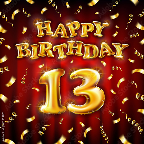 Canvas Print 13 Happy Birthday message made of golden inflatable balloon thirteen letters isolated on red background fly on gold ribbons with confetti