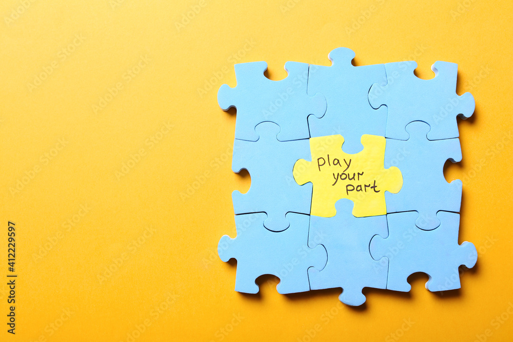 Jigsaw puzzle with phrase Play Your Part on yellow background, top view. Social responsibility concept - obrazy, fototapety, plakaty 