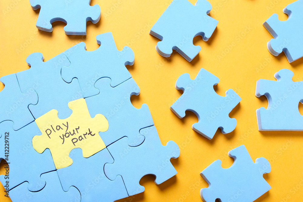 Jigsaw puzzle with phrase Play Your Part on yellow background, flat lay. Social responsibility concept - obrazy, fototapety, plakaty 