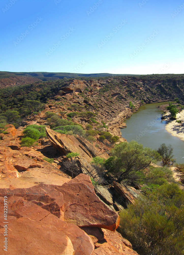 Loop trail in Kalbarri National Park, the Murchison River carved magnificent gorges to reveal the red and white banded rock, western Australia